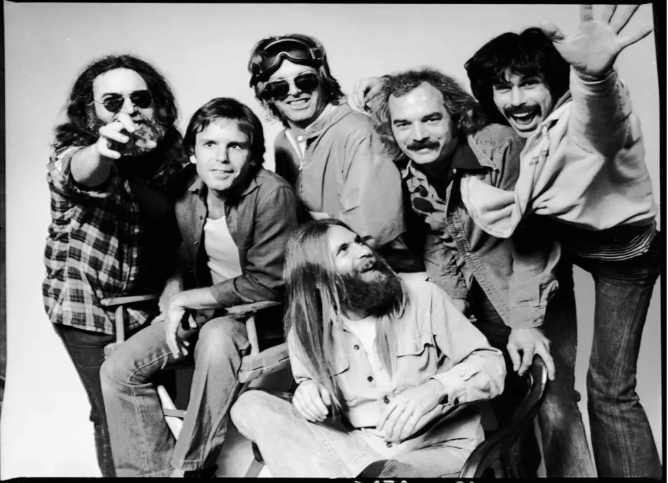 Jerry Garcia, from left, Bob Weir, Phil Lesh, Brent Midland (seated), Bill Kreutzman and Mickey Hart. (AP)